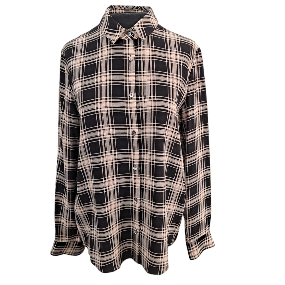 The Kooples Black Silk Plaid Button‑Up Shirt XS